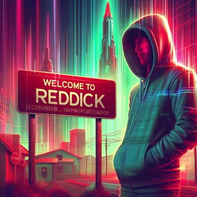 A man standing with a hoodie on in front of a sign that says Welcome to Reddick