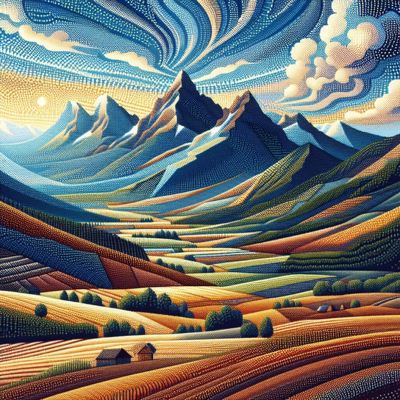 A pointillist image of mountains, fields and valleys