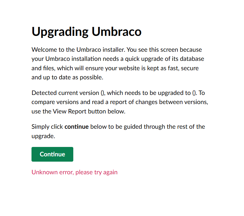 A screenshot of the Umbraco upgrade error message
