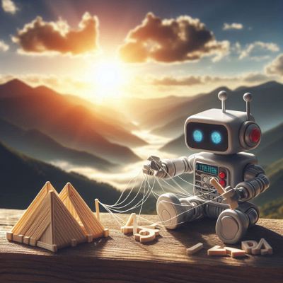 A cute robot constructing strings of text sitting on a wall with the sun shining over mountains