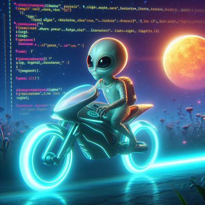 An alien riding a motor bike with glowing wheels